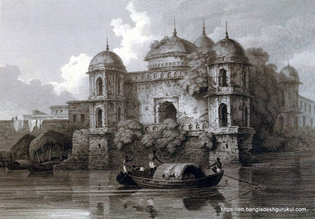 An etching of Sat Gambuj Mosque beside Buriganga River by Sir Charles D'Oyly in 1814